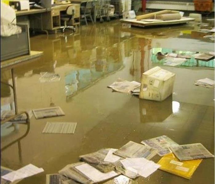 Standing water in a room with mail all over the floor
