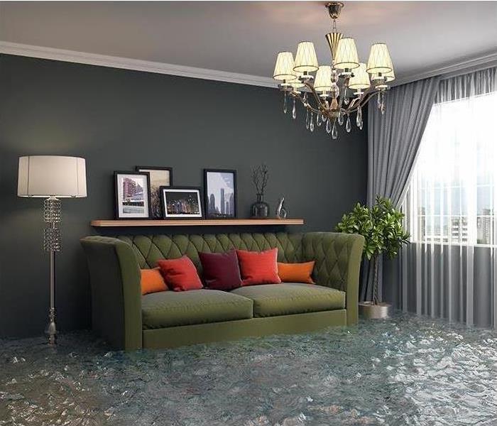 flooded living room, brownish sofa