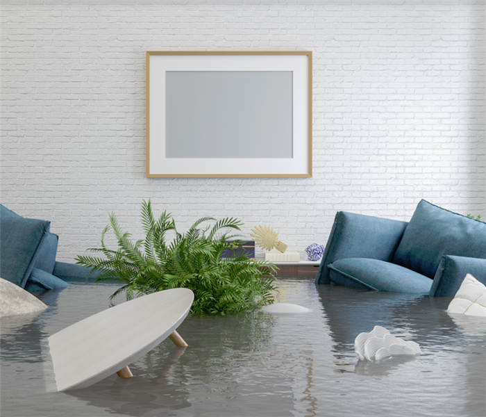 a flooded living room with floating furniture